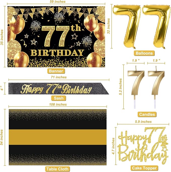 77th Birthday Decorations Men Women with 77th Birthday Banner, Black and Gold Table Cloth, Number Balloons, Sash, Cake Topper and Candles