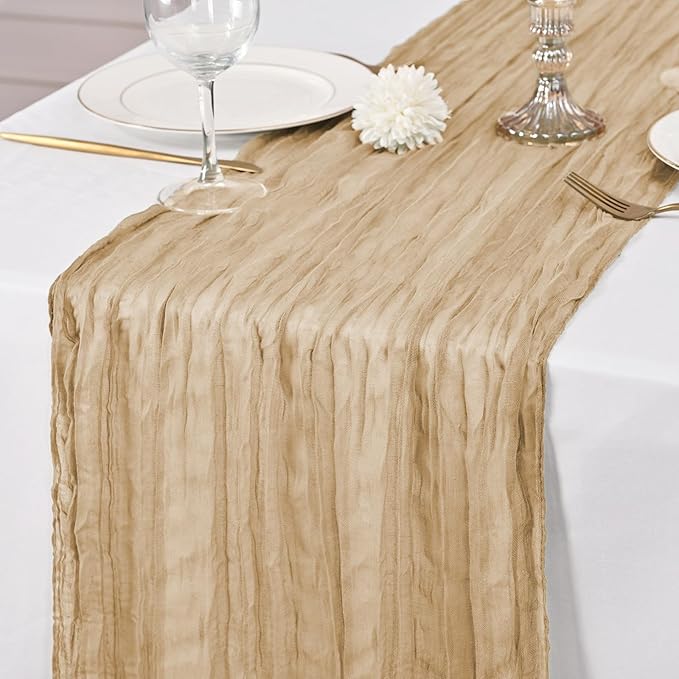 12 Pack Beige Table Runner 10Ft Cheesecloth Table Runner Rustic Gauze Table Runners Romantic Long Sheer Fabric Cheese Cloth Table Runners for Wedding Party Bridal Baby Shower