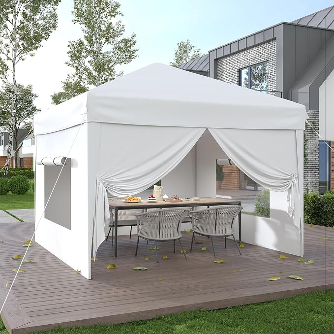 GarveeLife 10x10 Pop Up Canopy Tent with 4 SideWalls, Easy Up Canopy with 3 Adjustable Height, Outdoor Sun Shade with 4 Sandbags & Carrying Bag for Camping, Parties,Outdoor Events-White