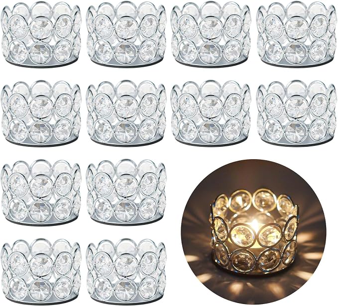 12 Pack Silver Metal Crystal Tea Light Candle Holders - 2.4"x1.6" Bulk Small Votive Candle Holders for Wedding, Home, Party Table Centerpiece Decorations