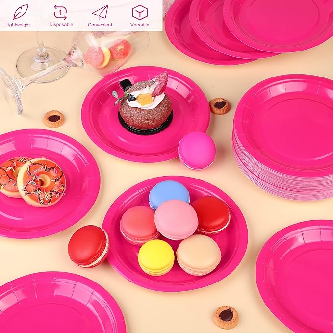 Breroa 72 Pieces Hot Pink Paper Plates 7 Inch Bulk Paper Plates Disposable Round Dessert Plate Heavy Duty Solid Color Plate Table Decors Party Supply for Birthday Party, Dinner Table, Wedding