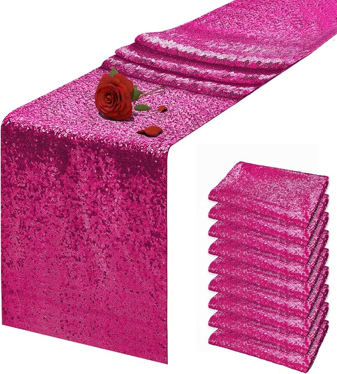 10 Packs 12 x 72 inches Fuchsia Sequin Table Runner, Glitter Runner for Birthday Party Supplies Wedding Holiday Celebration Baby Shower Engagement Anniversary Decor