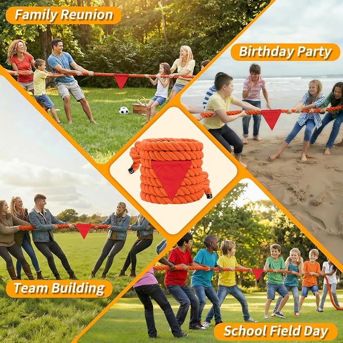 Tug of War Rope for Kids & Adults - 40ft Soft Cotton Outdoor Pulling Rope with Flag for Team Building Activities Field Day Family Reunions Birthday Parties Camping Games- Orange
