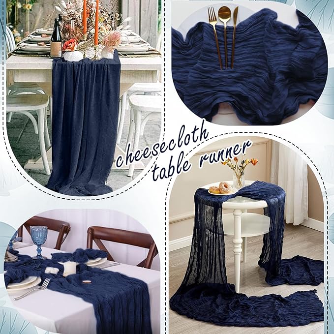 20 Pack Navy Blue Cheesecloth Table Runner 10FT Long Boho Gauze Fabric Table Runner Vintage Rustic Sheer Runners for Wedding Party Bridal Baby Shower Table Decorations