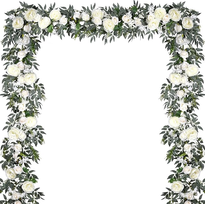 DearHouse 2Pack Artificial Peony Flower Garland - 6ft/Strand Silk Peony Flower Greenery Garland with Fake Willow Leaves for Wedding Ceremony Backdrop Party Table Centerpieces Decor (White)