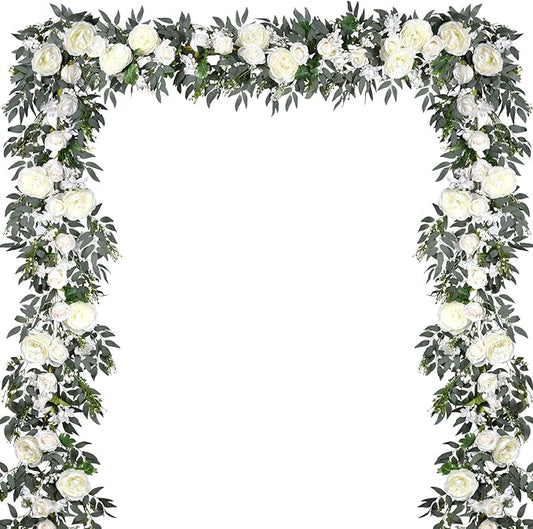 DearHouse 2Pack Artificial Peony Flower Garland - 6ft/Strand Silk Peony Flower Greenery Garland with Fake Willow Leaves for Wedding Ceremony Backdrop Party Table Centerpieces Decor (White)