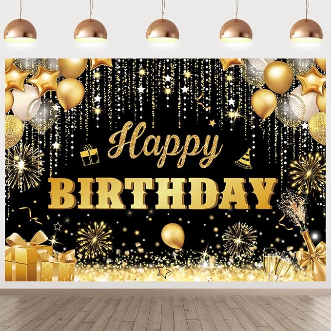 Happy Birthday Backdrop Banner for Men Black and Gold Glitter Birthday Party Decorations Background for Women Boys Girls Adults Polyester Fabric 10x8ft