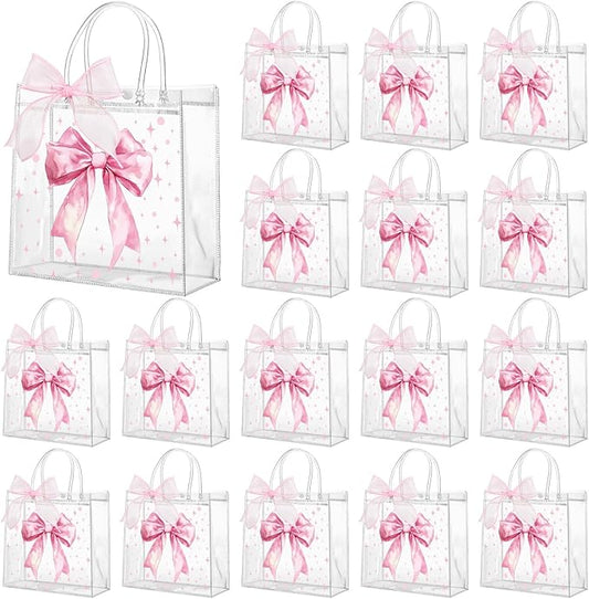 Wesnoy 48 Pcs Pink Bow Clear PVC Gift Bags with Handles Coquette Bowknot Party Favor Goodie Candy Treat Tote Bags for Wedding Birthday Party