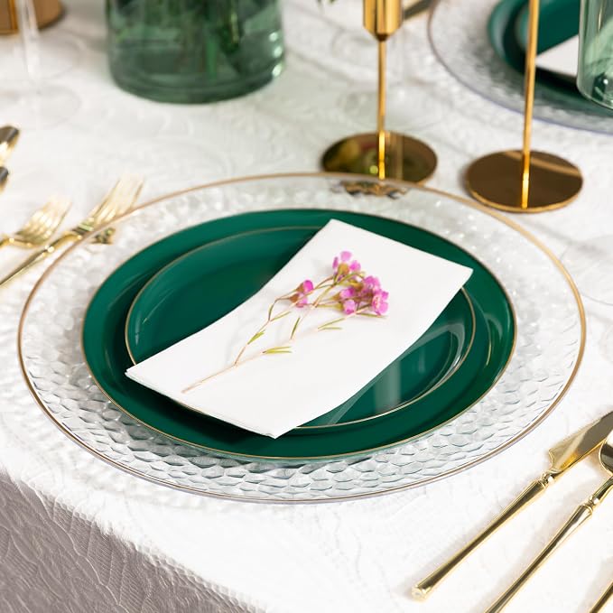 PLASTICPRO 20 Piece Combo Plates Set includes 10-6.3'' inch & 10-8.6'' inch Plates Emerald Green Plastic with Gold Rim Party, Wedding, Plate, Dishes, st patricks day Dishes