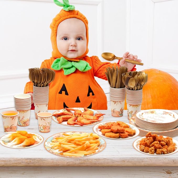 Ziliny 350 Pcs Fall Baby Shower Party Supplies Fall in Love with Baby Paper Plates Napkins Cups and Plastic Cutlery Party Tableware Set for Autumn Shower Birthday Decorations, Serves 50