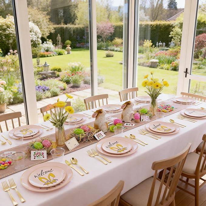 DaYammi 210Pcs Easter Plastic Plates,Pink Gold Party Plates with Bunny Egg Design Include 30 Dinner Plates,30 Dessert Plates,30 Pre Rolled Napkins with Gold Silverware,30 Plastic Cups for Easter Party