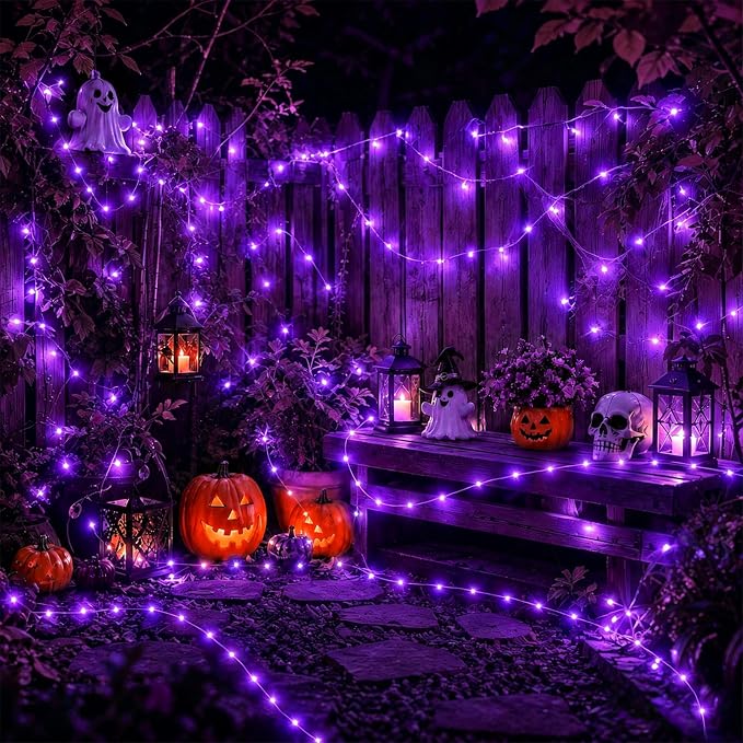 YEGUO 4 Pack Halloween Solar Fairy Lights, Each 33ft 100 LED Purple Christmas Lights Outdoor Waterproof, 8 Modes Sliver Wire Solar String Lights