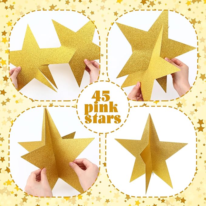 Sinload 18 Pcs Large 3D Glitter Star Decorations Back to School Work Gold Star Centerpiece Standing Hanging Decor for School Centerpiece Starry Movie Night Themed Party Decor