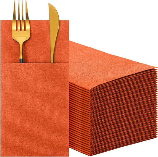 Cindeer 150 Pcs Orange Linen Dinner Feel Napkins with Built in Flatware Pocket Prefolded Paper Disposable Airlaid Guest Hand Towel for Silverware Wedding Reception Christmas Baby Shower