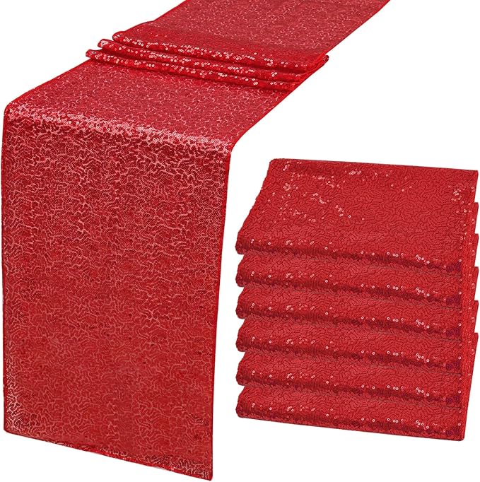 6 Pack Red Valentine's Day Sequin Table Runner 12" x 72" Sparkle Table Runner for Baby Bridal Shower Wedding Birthday Party Table Decor (Red)