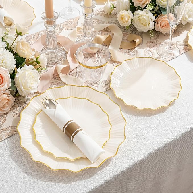 U-QE 175PCS Ivory Gold Plastic Plates - Disposable Dinnerware Set for 50 Guests - Ivory and Gold Plates and Napkins Party Supplies include 50 Plates, 25 Per Rolled Napkins with Gold Cutlery, 25 Cups