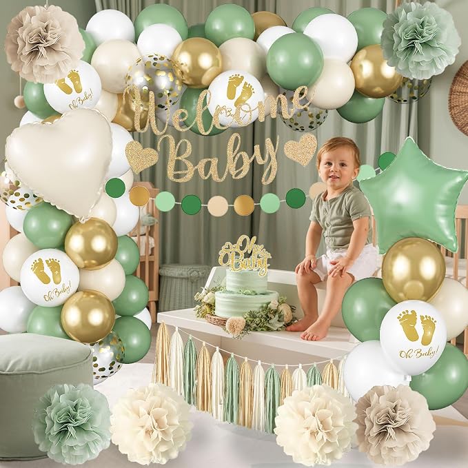 Sage Green Baby Shower Decorations, Welcome Baby Banner Olive Green Gold White Sand Confetti Latex Foil Balloons with Oh Baby Cake Topper Pom Poms Tassels for Boho Neutral Gender Reveal Party Supplies