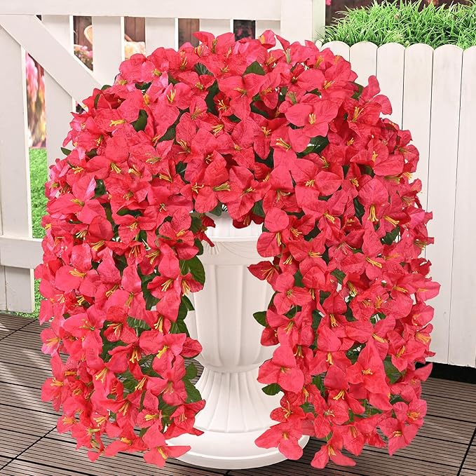 Livole 2Pcs Bougainvillea Artificial Flowers for Outdoors, Realistic UV Resistant Red Faux Outdoor Plants Flowers, Silk Hanging Fake Flowers for Outside Home Porch Patio Balcony Garden Decor