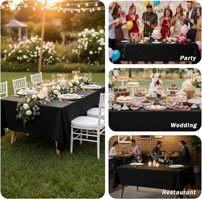 Fixwal 3 Pack Black 60 x 102 Inch Rectangle Tablecloths, Reusable Heavy Duty Washable Polyester Table Covers for 6 Ft Tables, Wedding, Party, Birthday, Outdoor, Picnic, Camping