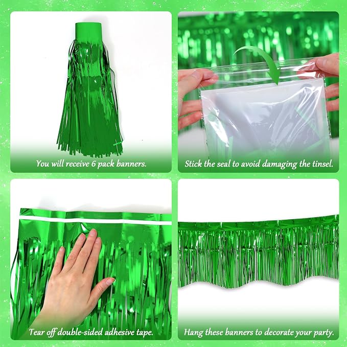 LOLStar Green Foil Fringe Tinsel Garland, Tinsel Streamers Banner, 6 Pack | 60Ft Tinsel Streamers, Shiny Green Tinsel Fringe Banners for St Patrick's Day, Parade Float, Christmas Party Decor