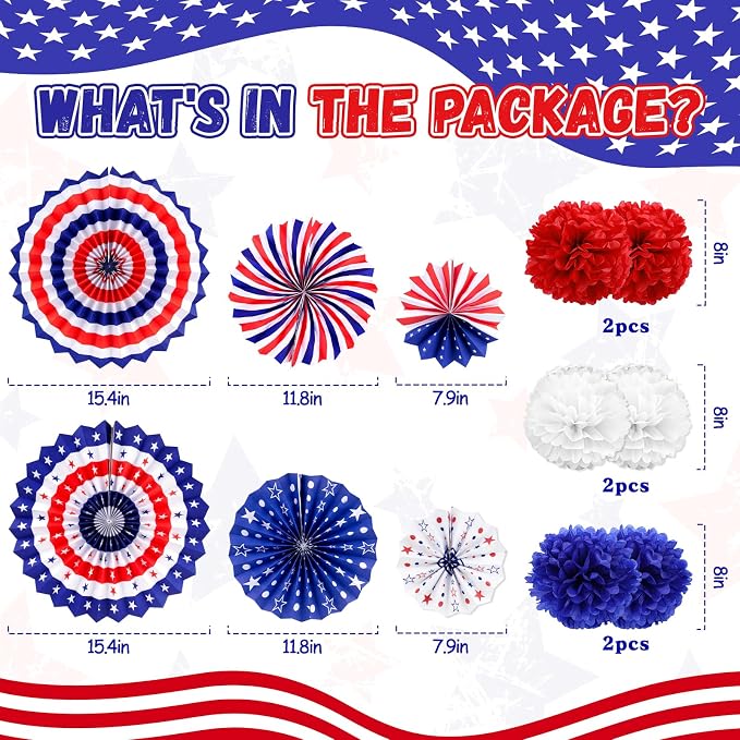 34PCS 4th/Fourth of July USA 250th Anniversary Decorations Set, Red White Blue Patriotic Decorations, Love USA Banner American Flag Pom Poms Decor for Memorial Day Independence Day