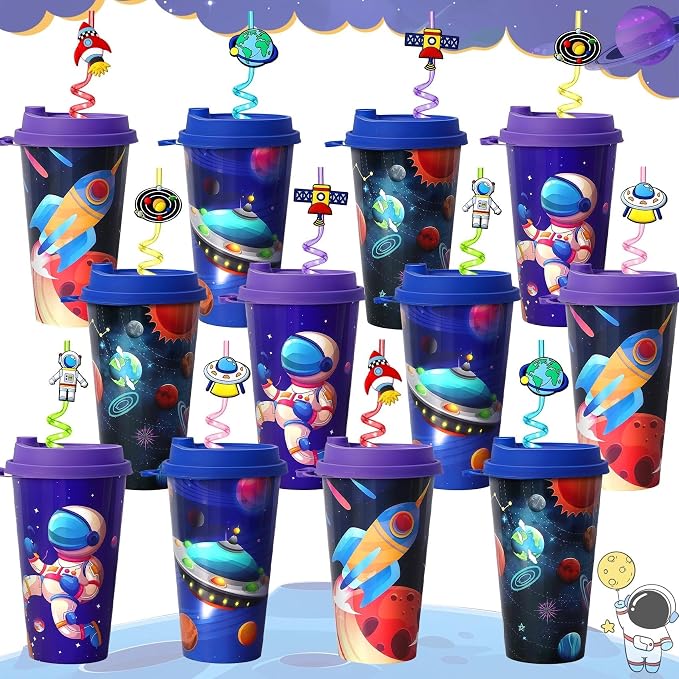 24 Sets Space Birthday Party Decorations Cups with Lids and Straws,16 oz Outer Space Party Favors for Kids, Galaxy Party Supplies Gifts