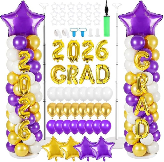 2 Sets Graduation Balloon Column Stand Kits with 132 PCS Purple Golden White Latex Balloons 2026 Letters 6.5 Ft Adjustable Metal Tube Telescopic Tower Pillar with Base for Graduation Party Decoration