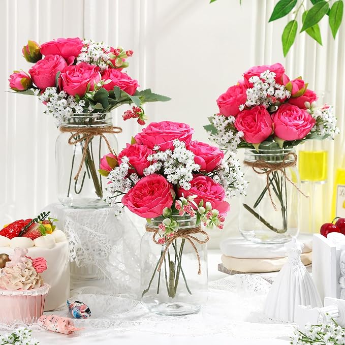 Zeyune 12 Sets Mason Jar Centerpiece Table Decorations, Artificial Peony Baby's Breath Flower Bouquets, Faux Flowers with Vase, Rustic Decor Gifts for Home, Wedding, Holiday (Hot Pink)