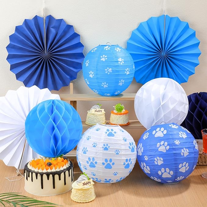 Retisee 18 Pcs Dog Paw Party Decoration Paw Print Hanging Paper Lantern Classroom Honeycomb Fans Honeycomb Ball for Dog Theme Party Ceiling Decor Supplies