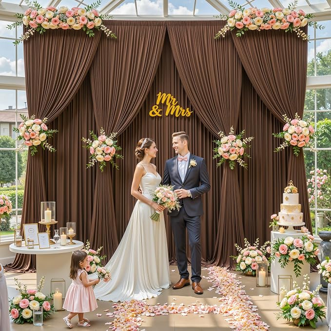 10ftx12ft Wrinkle Free Brown Backdrop Curtain, 6 Panels 12FT Long Wedding Photo Backdrop Drapes, Silky Polyester Back Drop Cloth for Birthday Photography Background Party Backdrop Draping