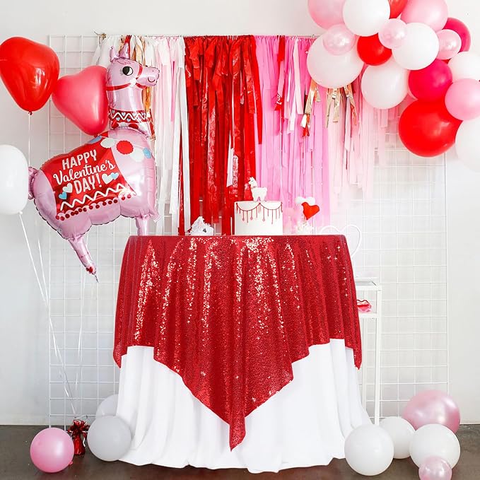 Poise3EHome Red Sequin Tablecloth 90×90 Inch Square Sequin Fabric Table Cover Overlay for Valentine Christmas Baby Shower Birthday Party Wedding Holiday Cake Table Decoration