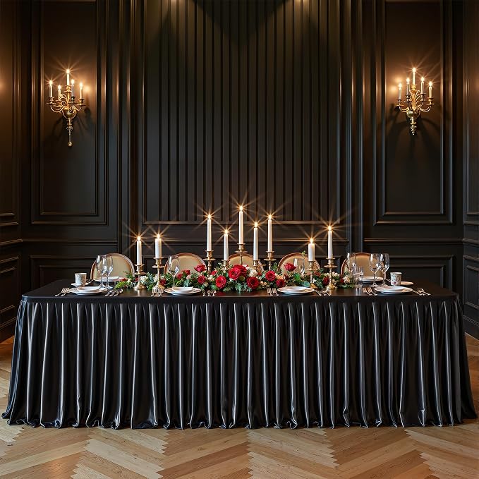 Black Satin Tablecloths Rectangle 8FT, Glitter Spandex Fitted Stretch Table Covers Wrinkle-Free Floor Length Shimmer Table Skirt for Weddings Parties Baby Shower Banquets Vendor Events