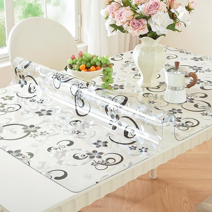 LovePads Floral Clear Table Cover Protector - 40 x 66 Inch Thick Plastic Table Cloth, Waterproof PVC Desk Mat for Dining Room Table, Wood Furniture Topper, Anti-Scratch Desk Pad for Kids Writing,
