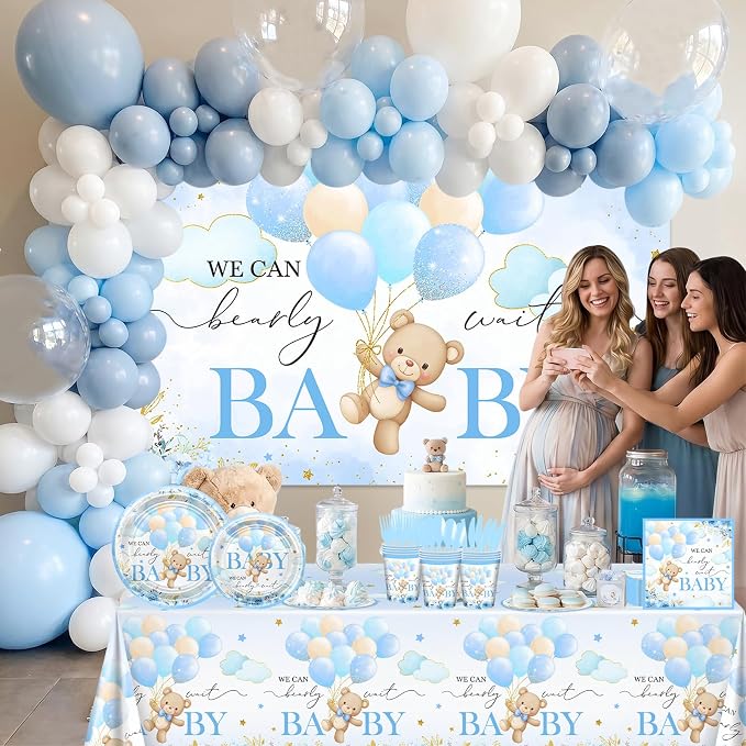 270 Pcs Blue Bear Baby Shower Decorations: We Can Bearly Wait Baby Shower Banner Disposable Plates Napkins Cups Tablecloth Balloons for Boy Serve 24