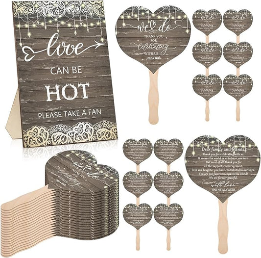 51 Pcs Wedding Fans for Guests Wedding Favor Paper Fans with Handle Bulk Table Sign for Ceremony Bridal Party Decoration(Brown,Rustic)