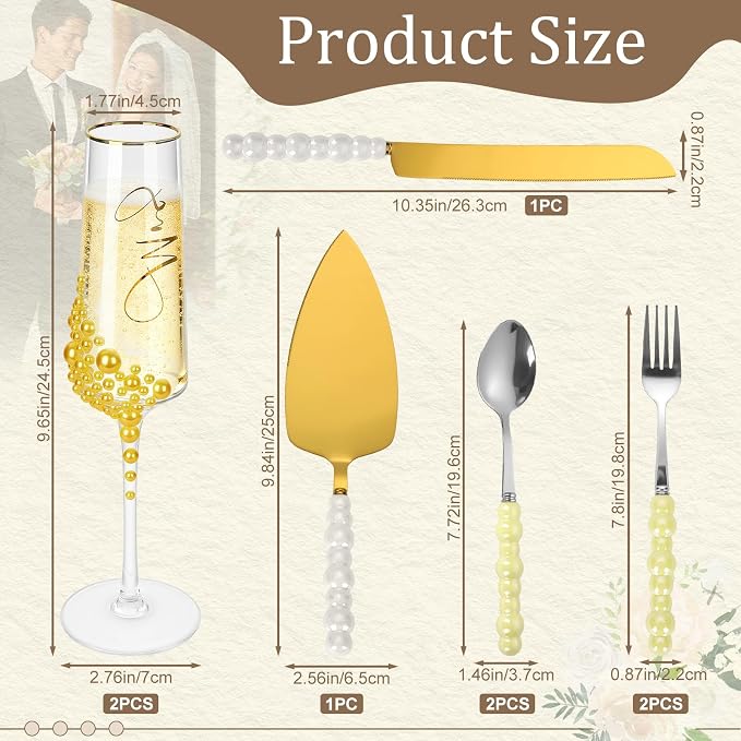 8 PCS Wedding Cake Knife and Champagne Flutes Server Set, Mr and Mrs Champagne Flutes with 2 Forks and Spoons, Bride and Groom Champagne Glasses for Wedding, Engaggement and Bridal Shower Gifts