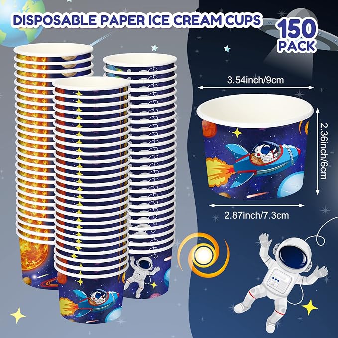 Didaey 150 Pieces Space Party Supplies Galaxy Ice Cream Paper Cups Disposable Snack Bowls Paper Dessert Soup Bowls for Hot or Cold Food, Kids Solar System Theme Party Baby Shower Decoration, 8 oz
