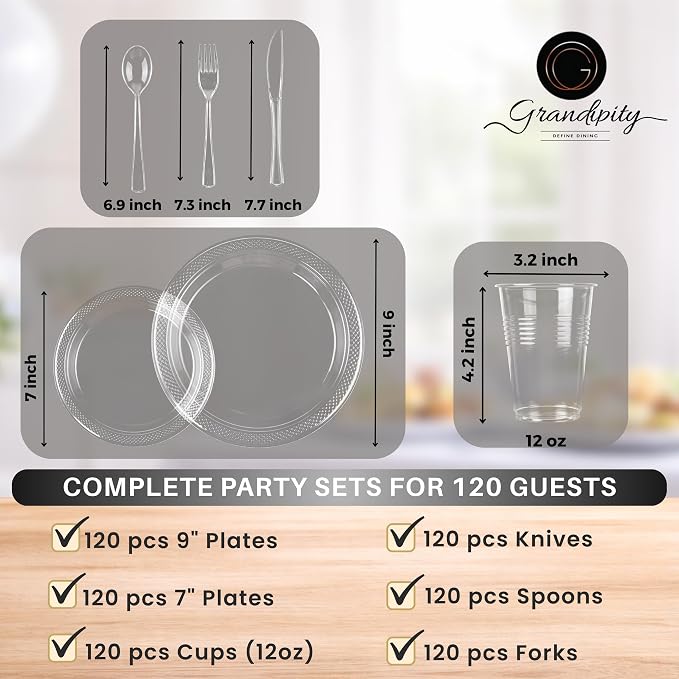 Grandipity 720 Piece Clear Disposable Dinnerware Set, Plastic Dinnerware Set Includes 120 Count 9' Dinner Plates, 7' Dessert Plates, 12oz Cups, Forks, Knives & Spoons
