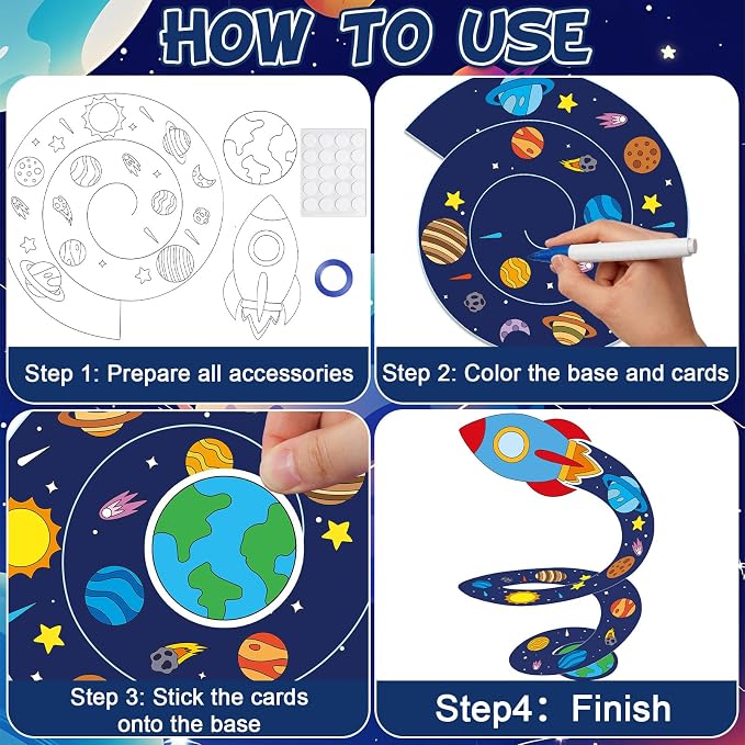 24 Sets DIY 3d Rocket Crafts Kits Color Your Own Outer Space Hanging Decor Coloring Rocket Orbit Paper Art Craft for Space Birthday Party Supplies School Classroom Home Activities Game Gift