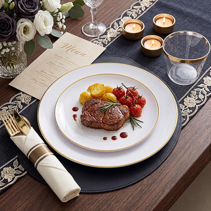 KIRE 350 PCS White and Gold Plates Disposable - Elegant Dinnerware Set of 50 Guest, White Plastic Plates With Gold Rim, Pre Rolled Napkins with Silverware & Cups for Party/Wedding/Mother's Day