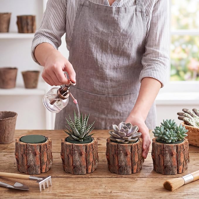 6 Set Wooden Vase for Centerpieces Wedding Flower Table Centerpieces Decor Rustic Bark Stump Bucket Farmhouse Wood Planter Pot for Woodland Party Window Home (Flower Foam,Small)