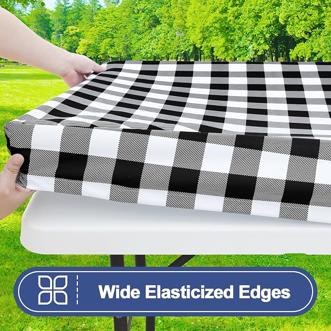 Smiry Picnic Table Cloth 6 Pack, Waterproof Elastic Fitted Tablecloths for 6FT Rectangle Tables, Washable Polyester Buffalo Plaid Tablecloth for Camping, Dining & Outdoor (Black & White, 30" x 72")