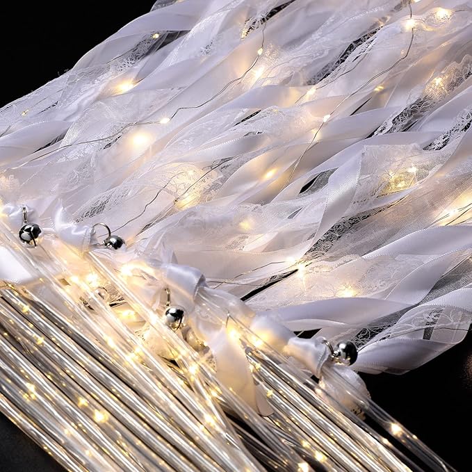 Unittype Light up Wand for Wedding Silk Streamer with Bell LED Fairy Ribbon Fairy Wand Glow in the Dark Flashing Lace Stick for Wedding Birthday Party Favor(48 Pieces,Ivory & Warm White LED)
