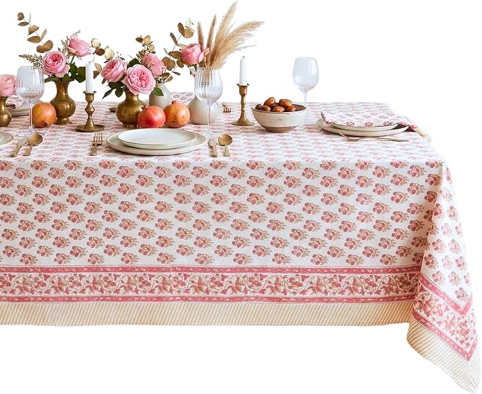 ATOSII Ivy Red 100% Cotton Rectangle Spring Summer Tablecloth, Handblock Floral Print Linen Table Cloth for Kitchen Dining I Parties, Weddings, Outdoors, Easter Decor 60 X 108 Inches, 8 Seater