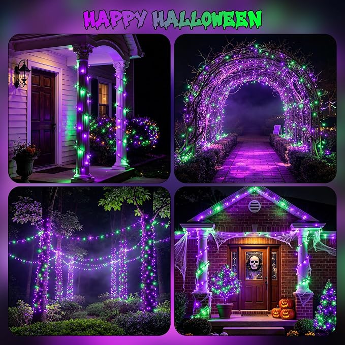 Purple & Green Halloween Lights, 95ft 240Led 13 Modes String Lights Plug in, Twinkle Light with Timer Indoor/Outdoor for Tree Party Halloween Decorations
