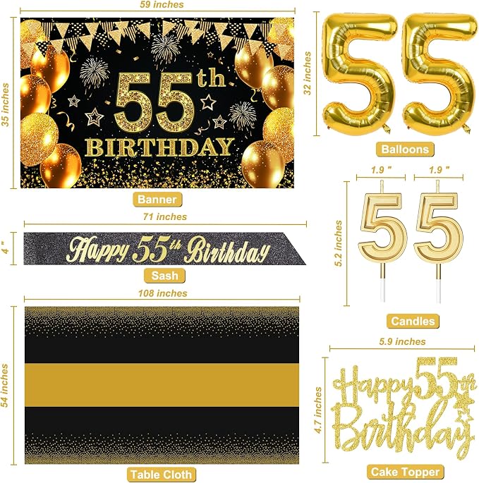 55th Birthday Decorations for Men Women with 55th Birthday Banner, Black and Gold Table Cloth, Number Balloons, Large Sash, Cake Topper and Candles