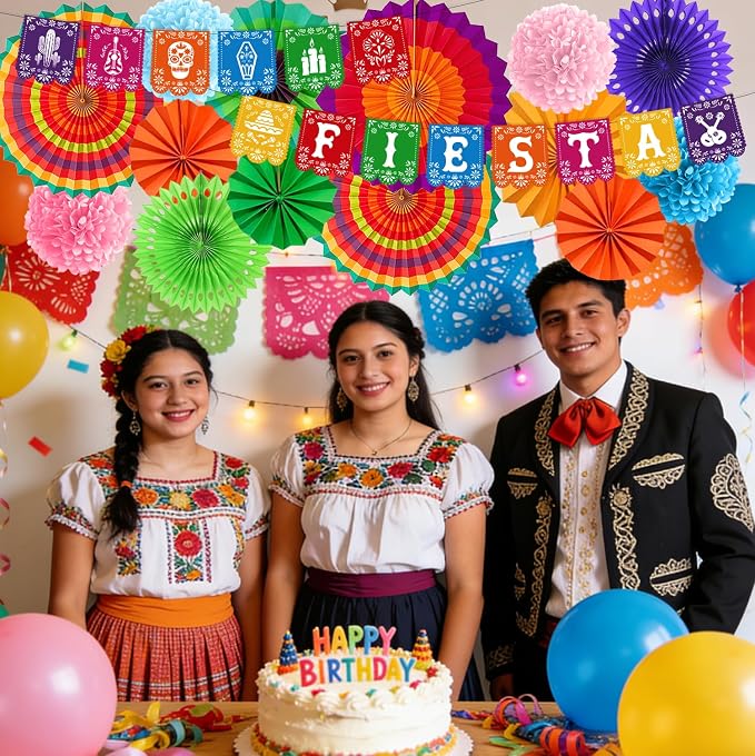 Rakuto Cinco De Mayo Party Decorations, 16PCS Mexican Taco Theme Banners with Paper Fans Birthday Decorations, Fiesta Paper Pom Poms Decor Supplies