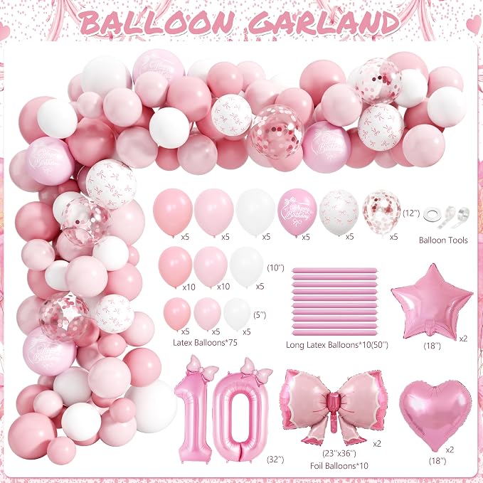 10th Birthday Decorations for Girl, Pink Bow Themed Party Supplies Includes "I'm 10" Banner, Backdrop Hanging Swirls, Centerpieces Number 10 Balloon & Mini Bow Balloons for Double Digits Birthday Girl