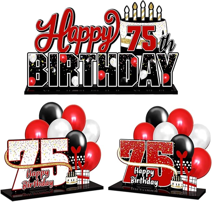LINGTEER Happy 75th Birthday Red Acrylic Table Topper Centerpieces Set - Cheers to 75 Years Old Birthday 75th Bday Party Gift Decorations.
