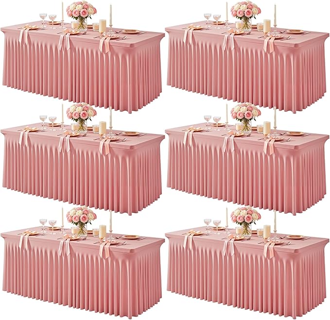 6 Packs Dusty Rose Table Clothes for 6 Foot Rectangle Tables, One-Piece Wrinkle Resistant Stretch Spandex Table Covers with Skirt for Event Banquet Wedding Birthday Party